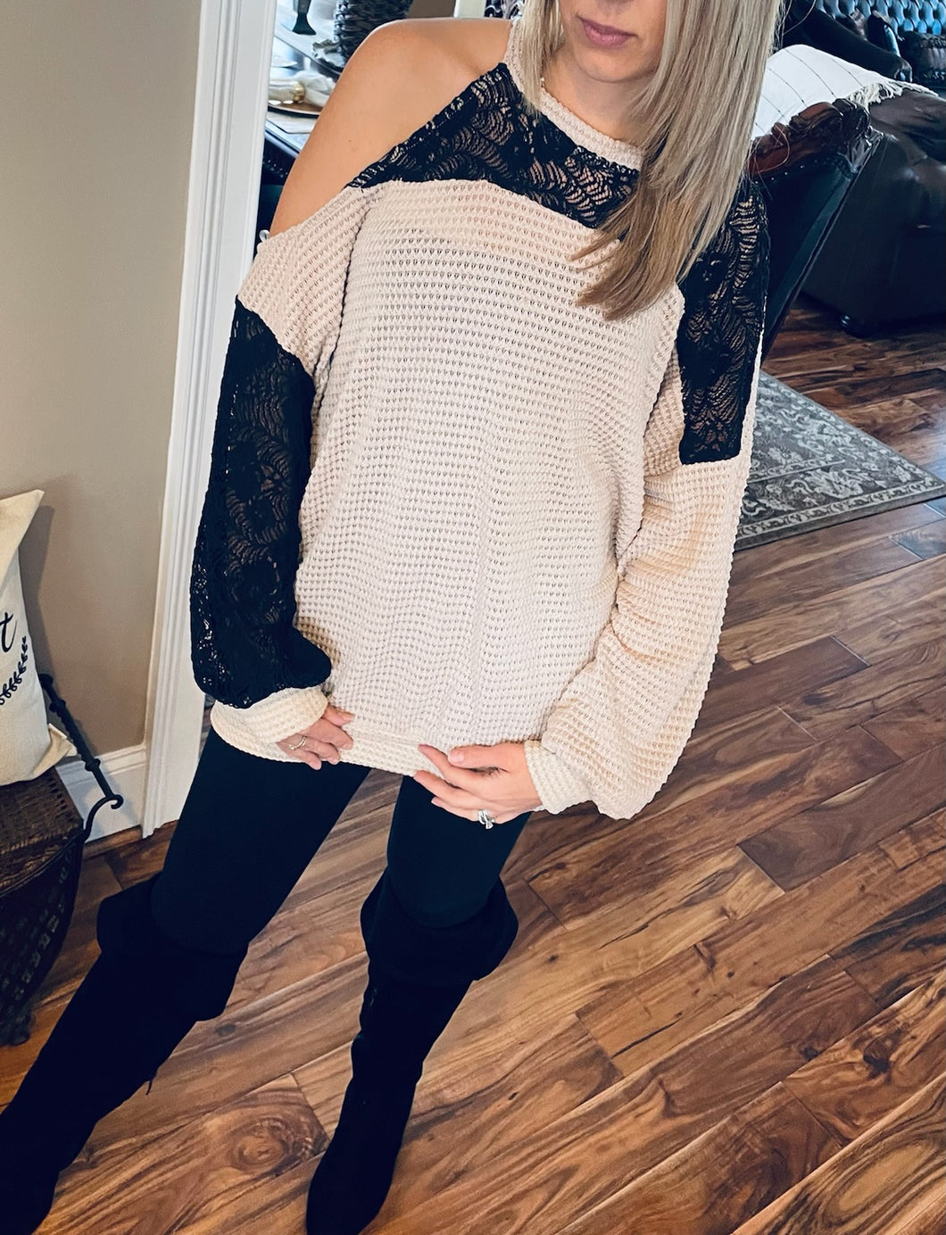 CUT OUT SHOULDER LONG SLEEVE KNIT BLOUSE